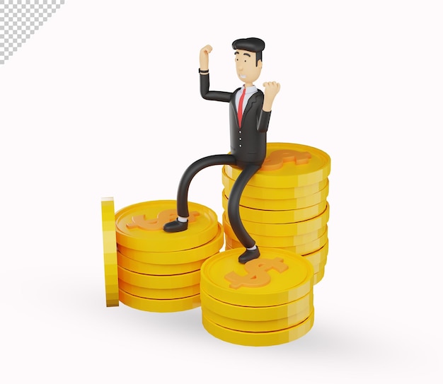 Personnage d'homme d'affaires 3d assis sur une pièce d'un dollar isolé sur fond blanc