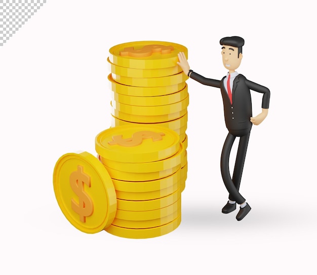 Personnage d'homme d'affaires 3d s'appuyant sur des pièces d'un dollar isolé sur fond blanc