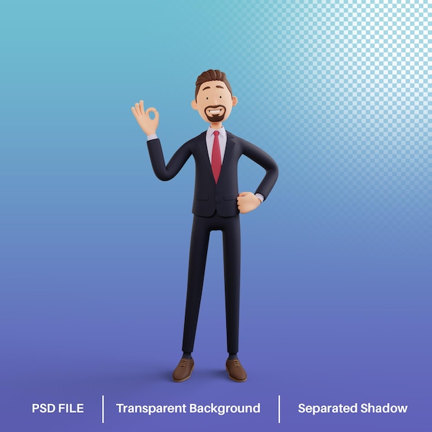 Personnage D'homme D'affaires 3d Avec Signe De Main Oke Premium Psd