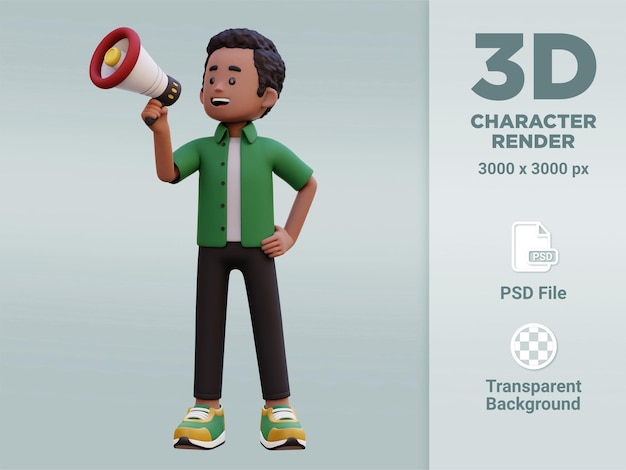 personnage masculin 3d donner une annonce utiliser un mégaphone