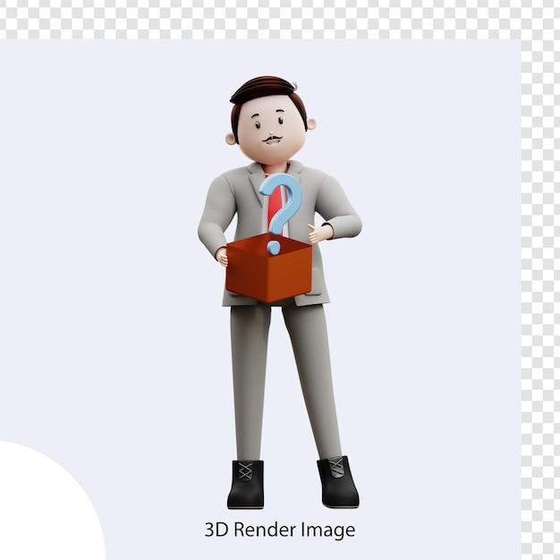 Personnage masculin 3D posant une question dans une boîte