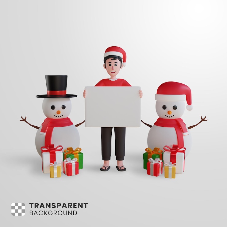 PSD personnage masculin 3d tenant du papier vierge avec bonhomme de neige et boîte-cadeau