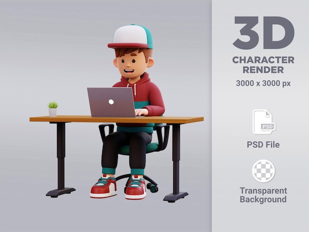 personnage masculin 3d travaillant sur un ordinateur portable