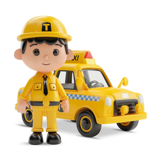 Personnage masculin mignon en uniforme de taxi avec une voiture de taxi