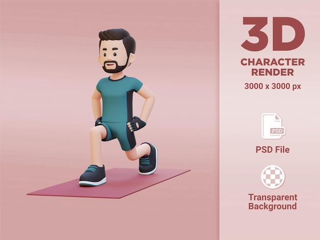 PSD personnage masculin sportif 3d effectuant des fentes dynamiques au gymnase