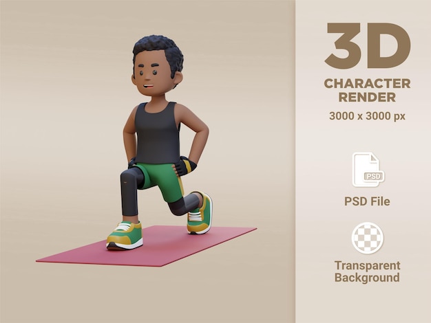 Personnage masculin sportif 3D effectuant des fentes dynamiques au gymnase