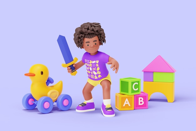 Personnage de maternelle 3D jouant avec des jouets