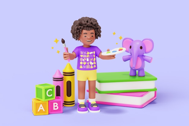 Personnage de maternelle 3D jouant avec des jouets