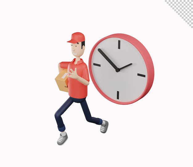 PSD personnage de messagerie 3d fonctionnant avec une boîte d'emballage à côté d'une grande horloge sur fond blanc