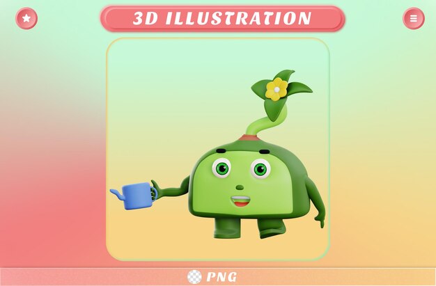 PSD personnage de plante mignon 3d avec de l'eau