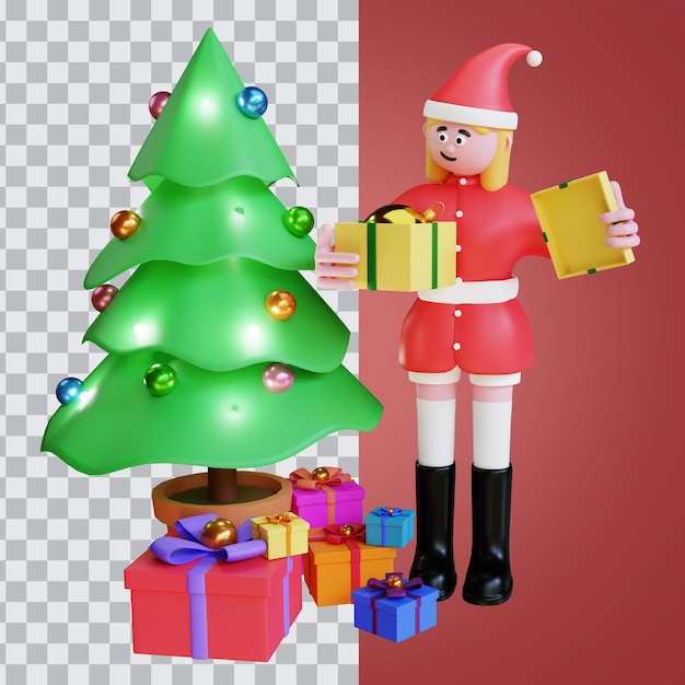 Personnage De Rendu 3d Avec Arbre De Noël Et Cadeau