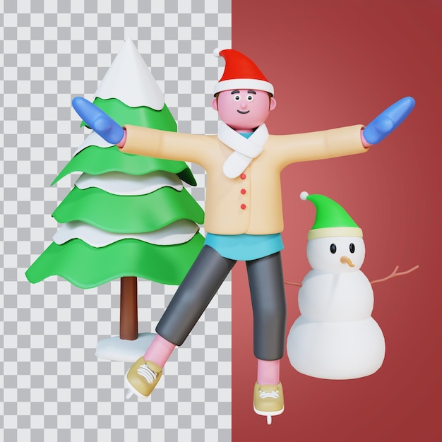 Personnage De Rendu 3d Avec Bonhomme De Neige Et Sapin De Noël