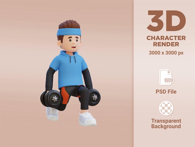 Personnage Sportif 3d Exécutant Des Squats Fendus D'haltères à Gauche