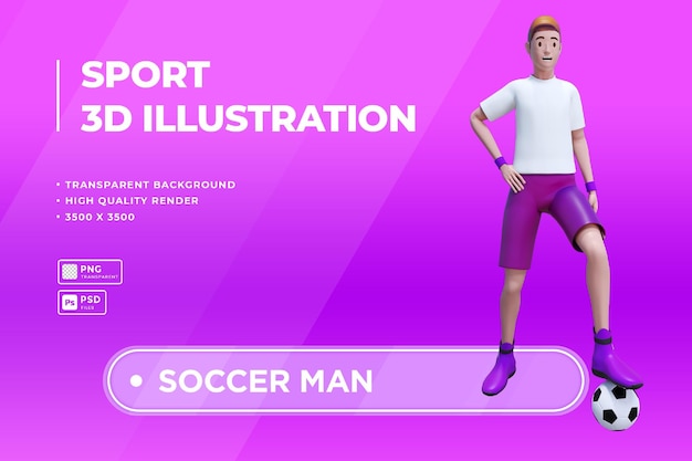 Personnage De Sportif De Football Avec Bras Pliés Et Ballon Sous Ses Pieds Illustration 3d