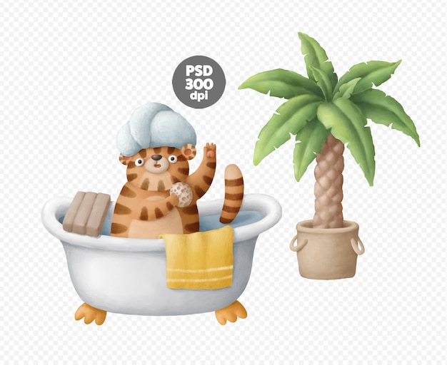 Personnage De Tigre Mignon Prenant Un Bain Isolé à La Main