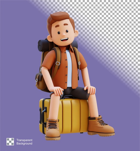 PSD personnage de voyageur 3d assis sur une valise