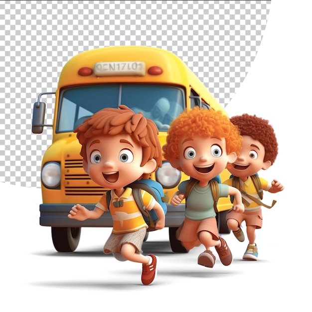 Les Personnages De Dessins Animés Des Enfants Courent Vers L'autobus Scolaire Sur Un Fond Transparent