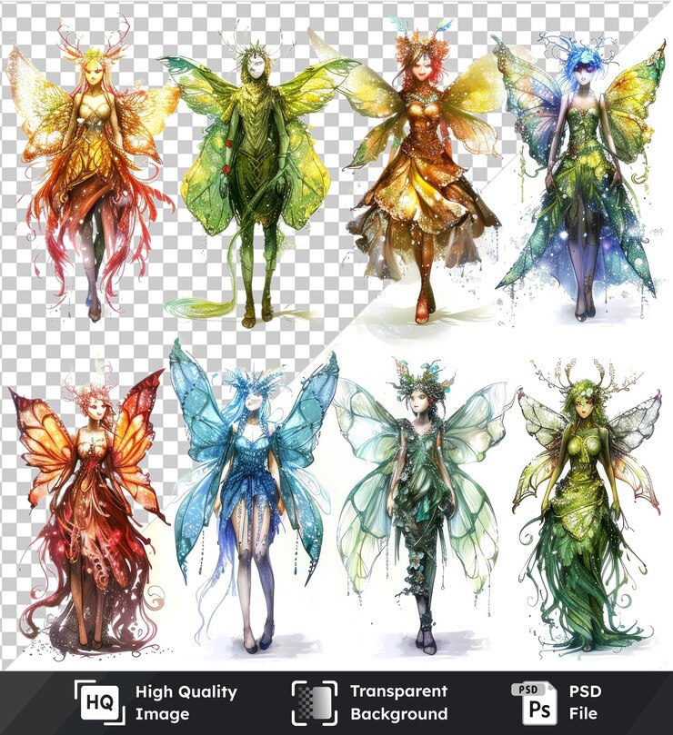 PSD des personnages de fées psd de haute qualité avec des ailes et des fleurs colorées sur un fond transparent