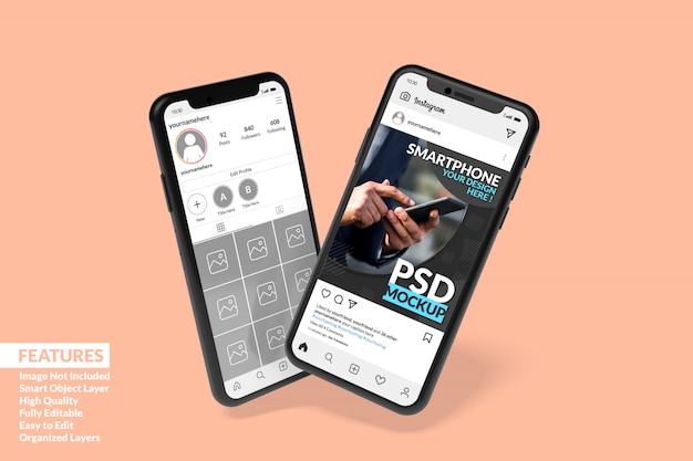 Personnalisation de deux maquettes de smartphone de haute qualité pour afficher le modèle de publication instagram Premium
