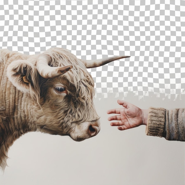 PSD une personne caresse une vache avec de grandes cornes