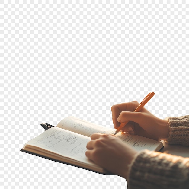 une personne écrivant dans un cahier avec un stylo dessus
