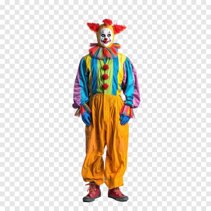 PSD personne effrayante en costume de clown debout vue avant isolée sur un fond transparent