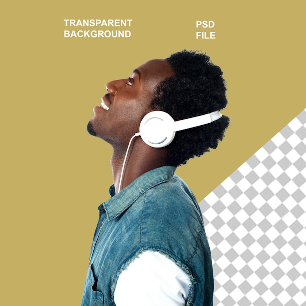 Une personne heureuse souriante portant des écouteurs sur un fond transparent