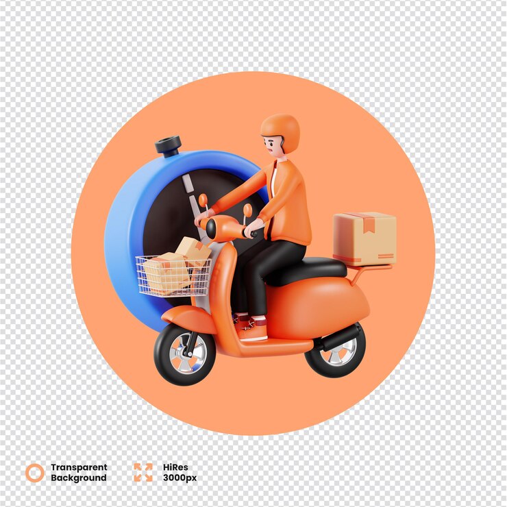 PSD personne de livraison 3d sur scooter avec colis et horloge