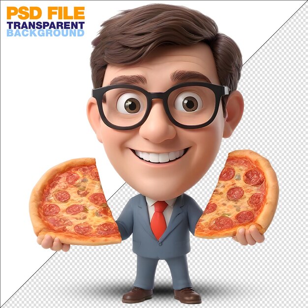 PSD personne avec des lunettes souriante derrière un grand fond blanc de pizza