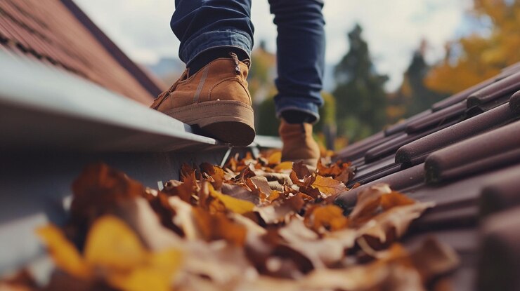 PSD personne marchant sur le toit des feuilles d'automne