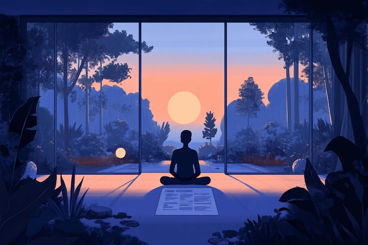 PSD personne méditant à l'intérieur d'une maison moderne vue tranquille du lever du soleil à travers de grandes fenêtres