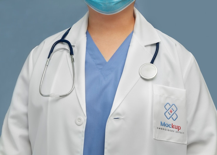 PSD personne portant une maquette de blouse de laboratoire