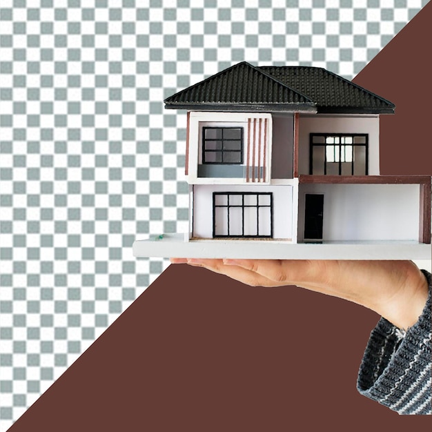 personne psd tenant une maison qui a une maison sur le dessus de celui-ci arrière-plan transparent