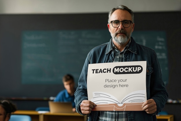 PSD personne tenant une maquette d'affiche en classe