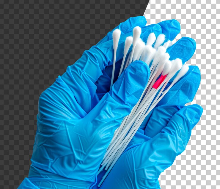 PSD une personne tient un tas de tampons de coton dans sa main gantée.