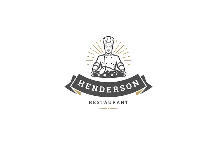 PSD personnel de cuisine souriant avec de la viande fraîchement cuite sur une assiette de service modèle de logo vintage