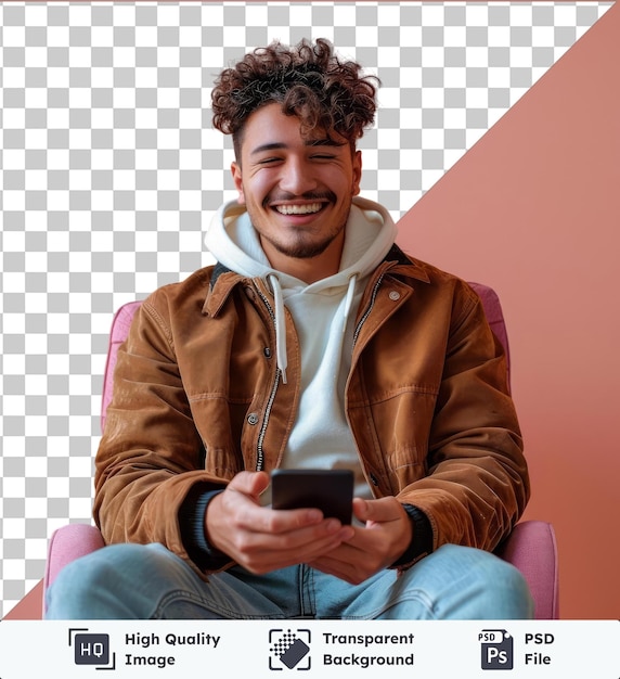 Personnes Et Technologie Portrait Conceptuel D'un Jeune Homme Souriant Utilisant Un Smartphone Assis Sur Une Chaise Un Gars Décontracté Excité Discutant En Ligne Parcourant Des Mèmes Sociaux Sur Un Mur Rose