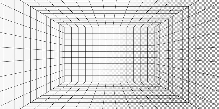 PSD perspectiva 3d de estrutura de arame fundo de sala branca vazio futurista retângulo digital linha laser caixa interior com paredes de malha preta rede de matriz de ficção científica renderização de espaço virtual abstrato