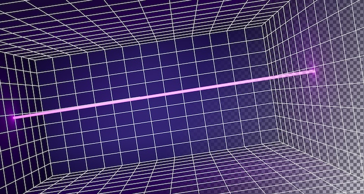 PSD perspectiva 3d de la sala de wireframe con línea de láser brillante en el fondo de la cuadrícula interior de la caja rectangular de neón rosa azul abstracto con lámpara de luz led diseño de matriz de ciencia ficción futurista de los años 80