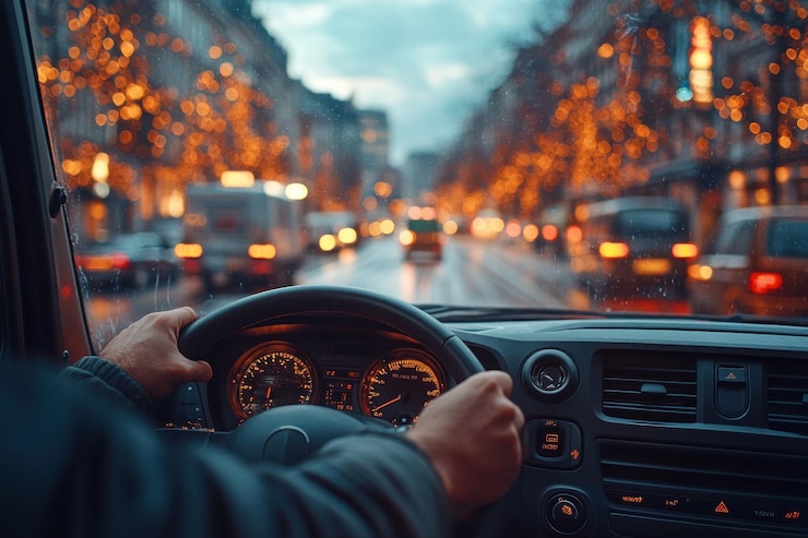 PSD una perspectiva de los conductores de una concurrida calle de la ciudad al anochecer con semáforos borrosos y coches en el fondo