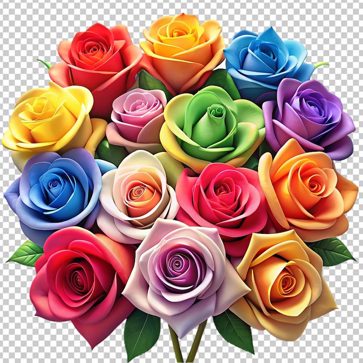 PSD perto de rosas de desenho animado coloridas em um fundo branco