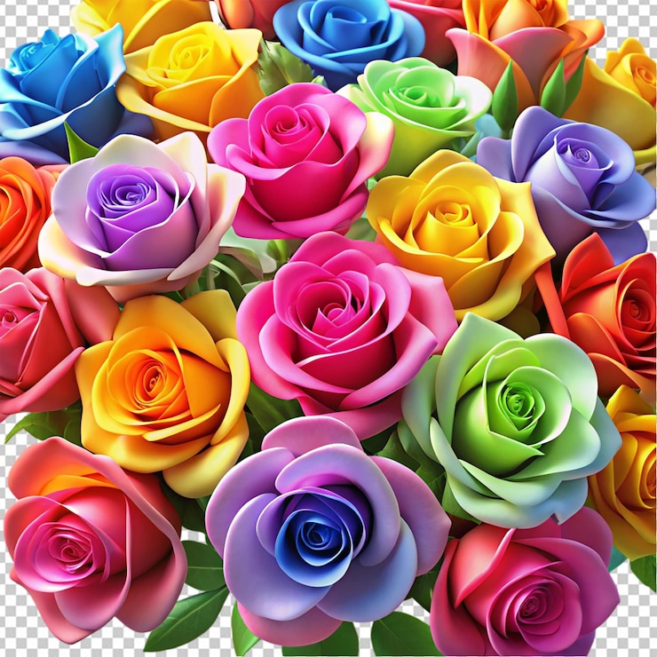 PSD perto de rosas de desenho animado coloridas em um fundo branco