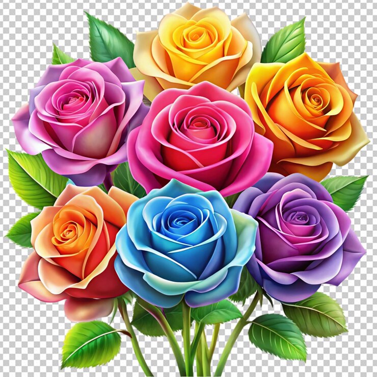 PSD perto de rosas de desenho animado coloridas em um fundo branco