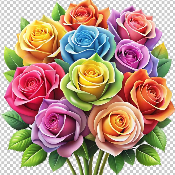 PSD perto de rosas de desenho animado coloridas em um fundo branco