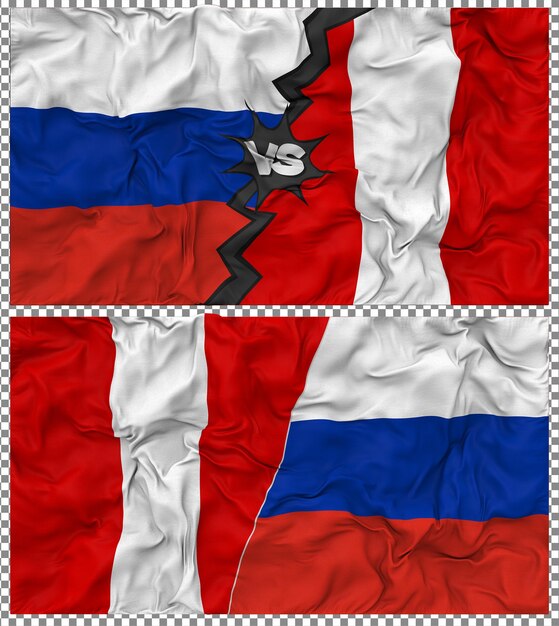 Peru gegen Russland Halbkombinierte Flagge Stoff-Bump-Textur 3D-Rendering