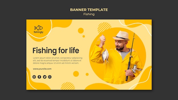 PSD pesca para el hombre de la vida en banner de abrigo de pesca amarillo