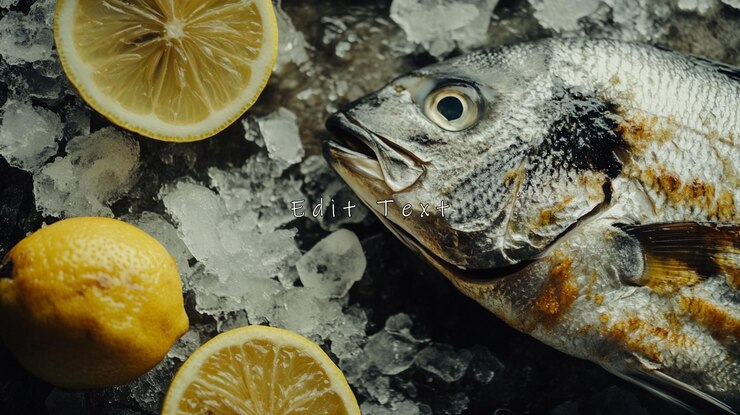 PSD pescado dorado fresco en hielo con rebanadas de limón
