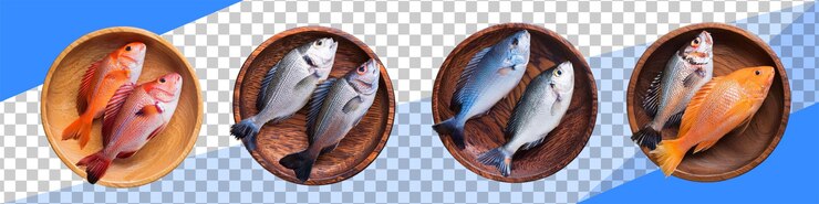 PSD el pescado fresco exhibido en platos de madera
