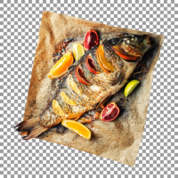 Un pescado con limones y naranjas en un papel con fondo transparente