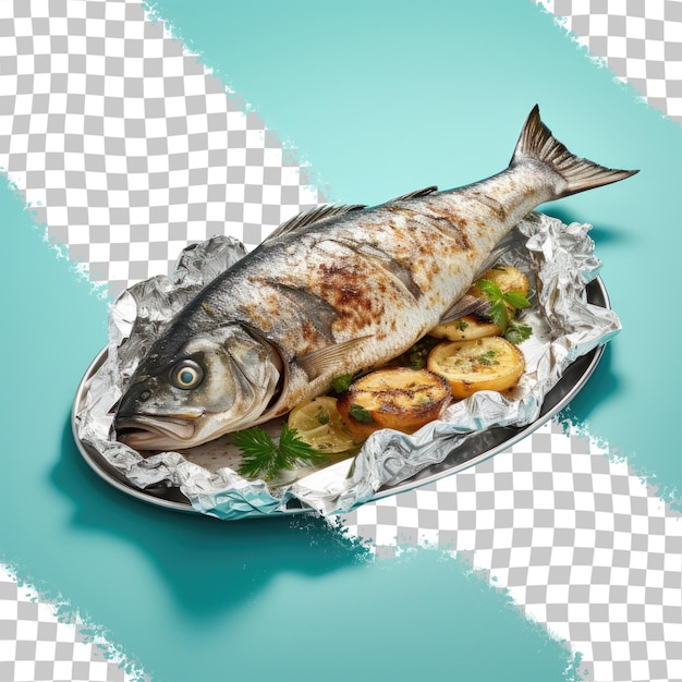 Pescado a la parrilla con corteza salada en papel de fondo transparente